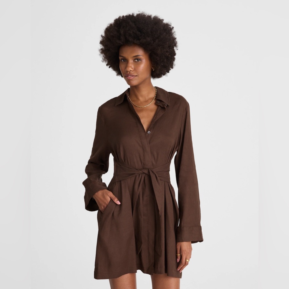 Madewell |  Tie-Front Shirtdress in a brown linen-blend fabric size 10